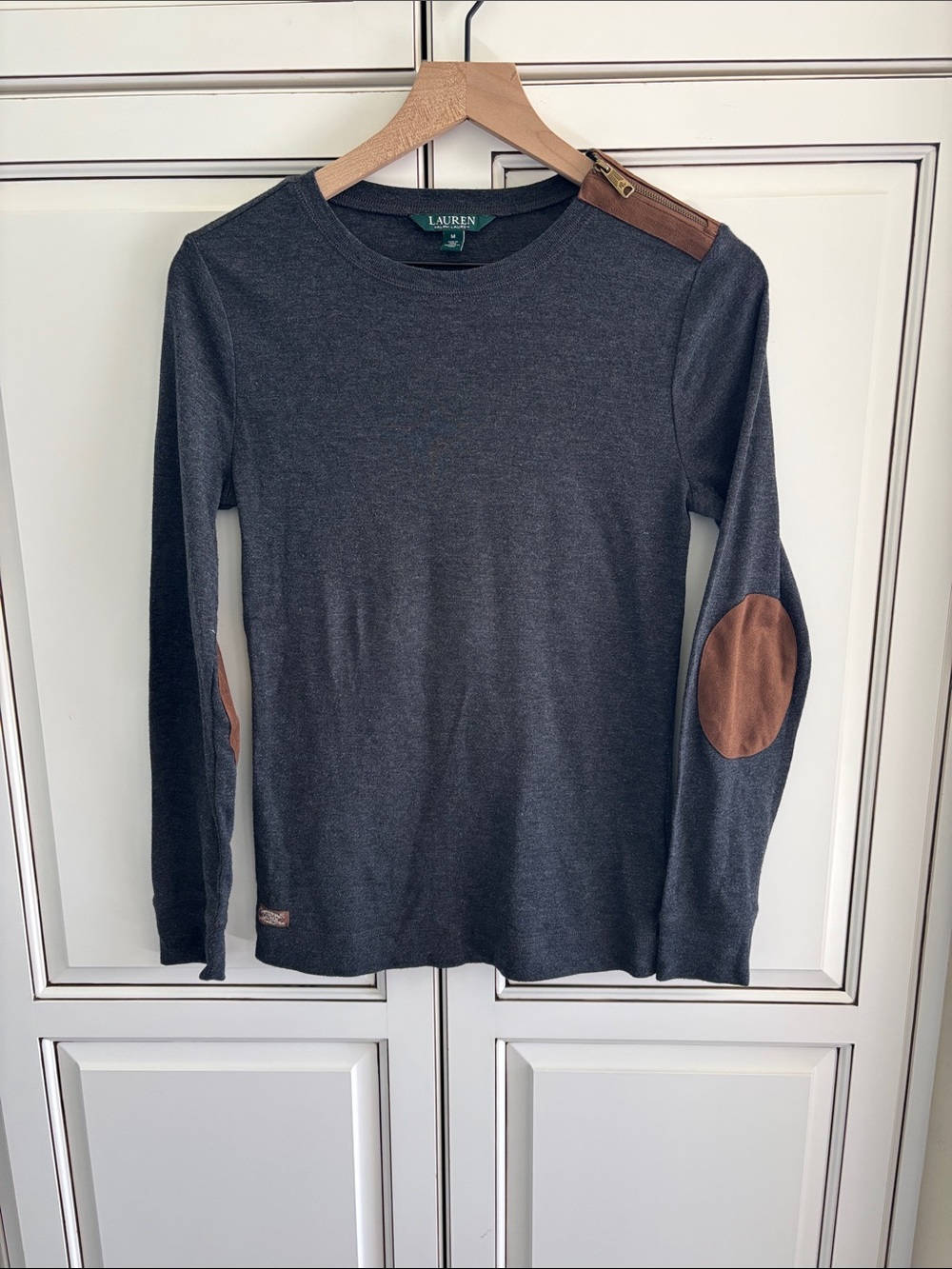 Ralph Lauren Equestrian Western Preppy Suede Elbow Patch Shirt Vtg Gray Women M